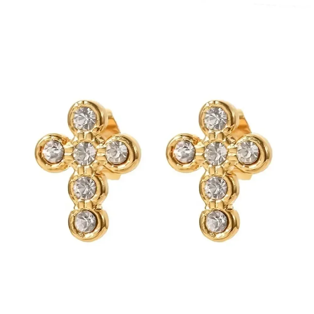 Zircon Cross Stud Earrings 18K Gold Plated Minimalist - Picture 3 of 7